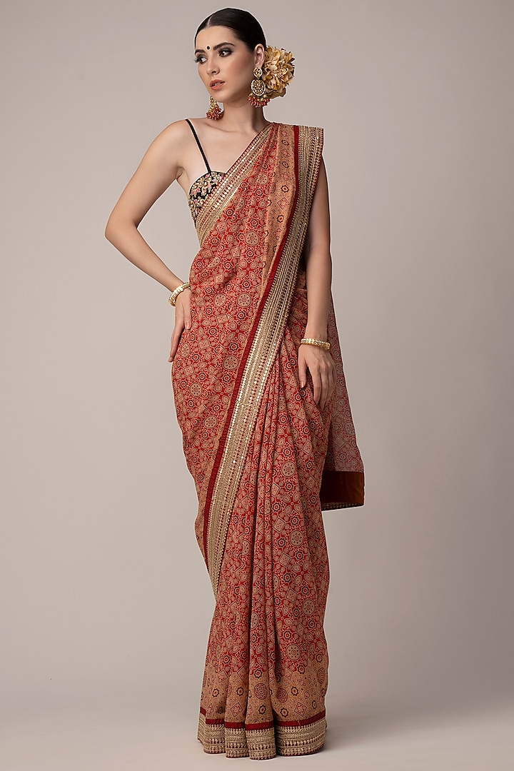 Red & Mustard Georgette Ajrakh Printed & Embroidered Saree Set by Joy Mitra