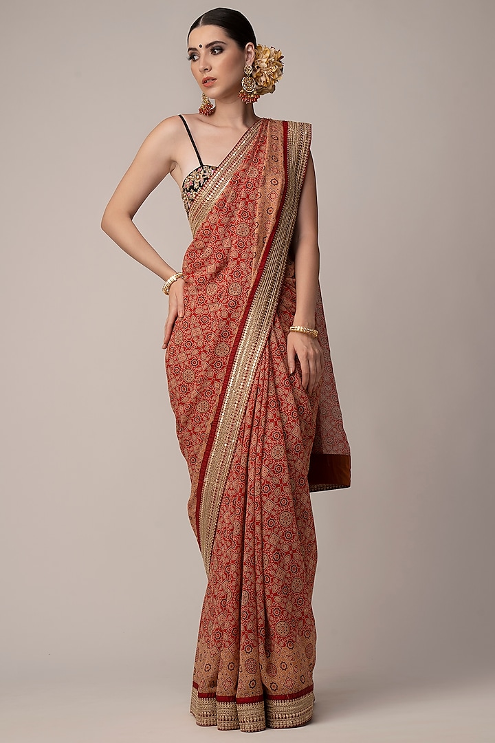 Red & Mustard Georgette Ajrakh Printed & Embroidered Wedding Saree Set by Joy Mitra at Pernia's Pop Up Shop