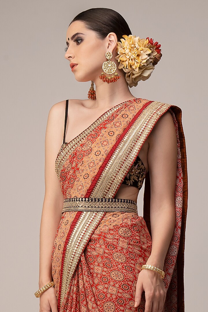 Red & Mustard Georgette Ajrakh Printed & Embroidered Wedding Saree Set by Joy Mitra at Pernia's Pop Up Shop