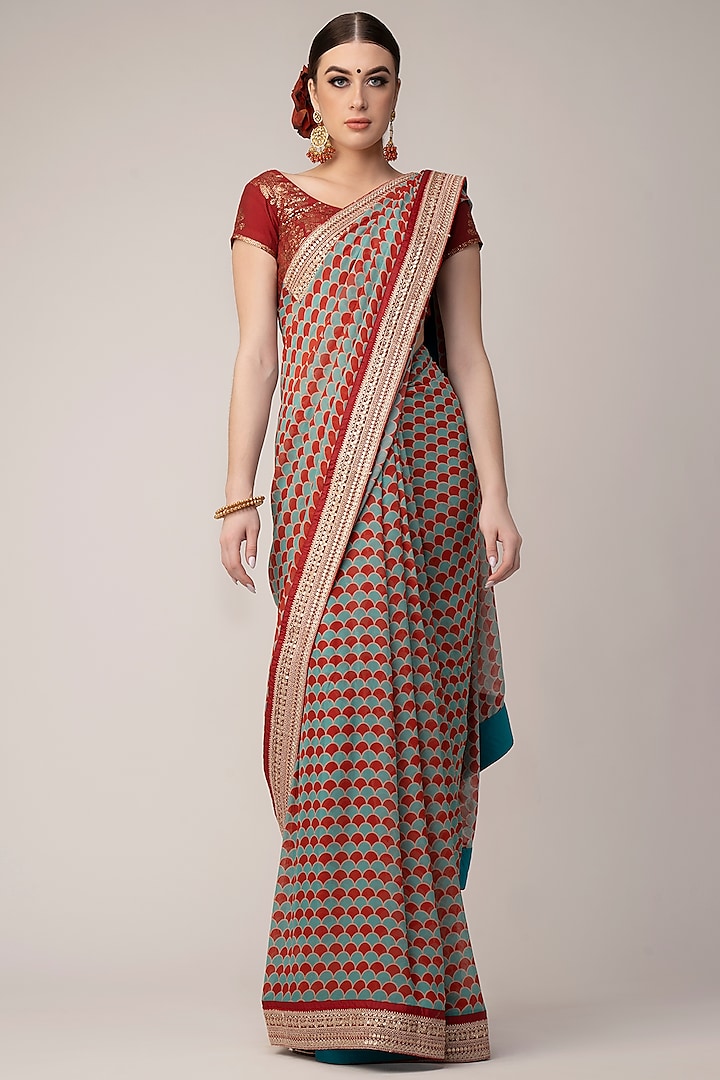 Red Georgette Ajrakh Printed & Embroidered Saree Set by Joy Mitra