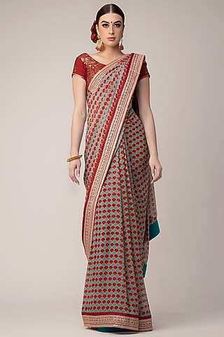 Red Georgette Ajrakh Printed & Embroidered Saree Set by Joy Mitra