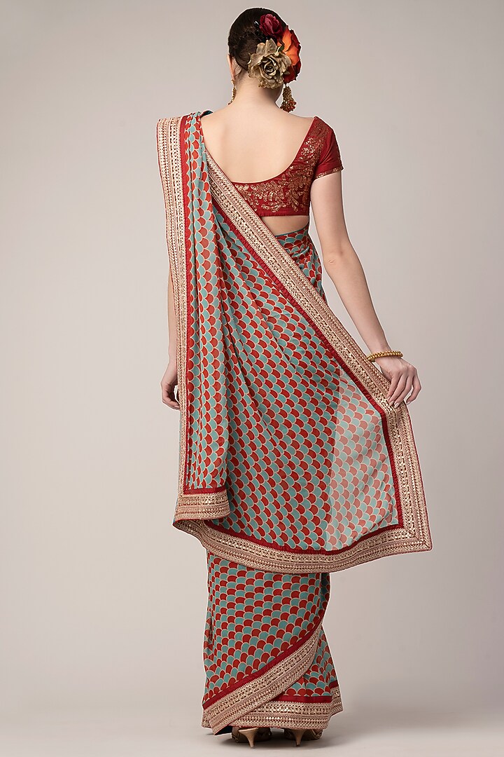 Red Georgette Ajrakh Printed & Embroidered Wedding Saree Set by Joy Mitra at Pernia's Pop Up Shop