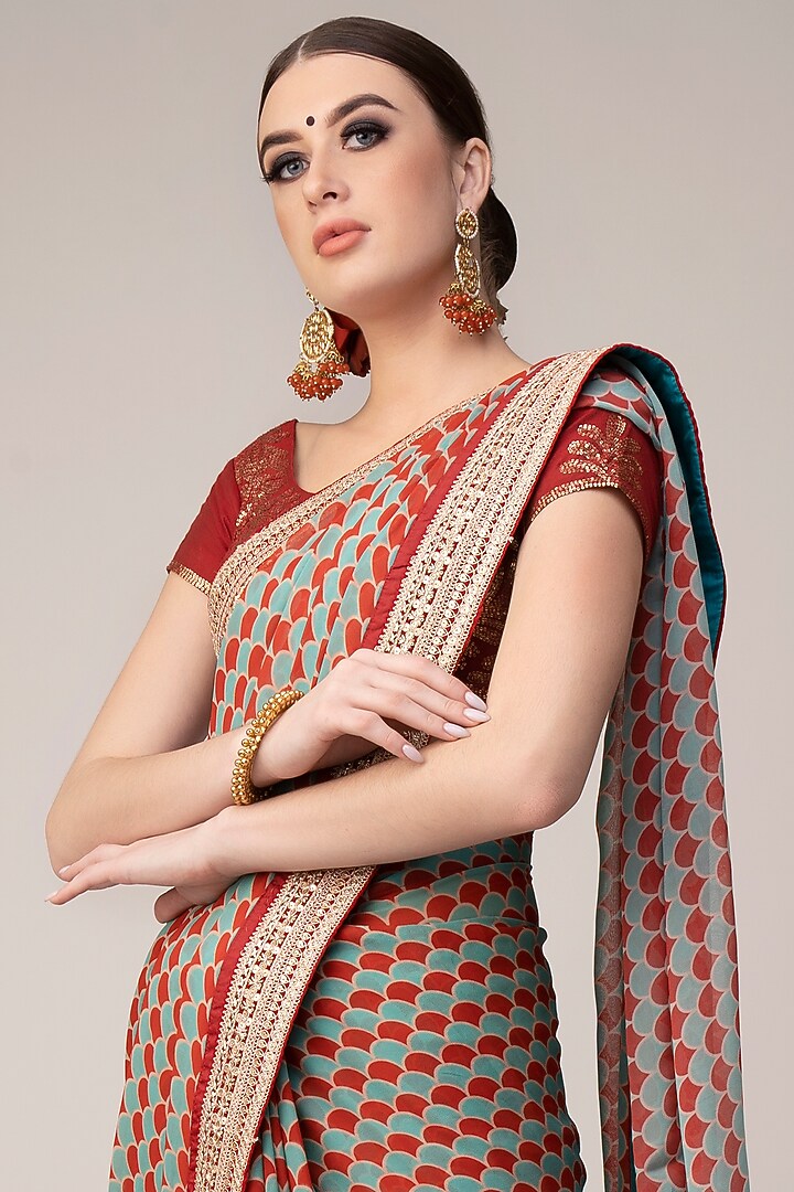 Red Georgette Ajrakh Printed & Embroidered Wedding Saree Set by Joy Mitra at Pernia's Pop Up Shop