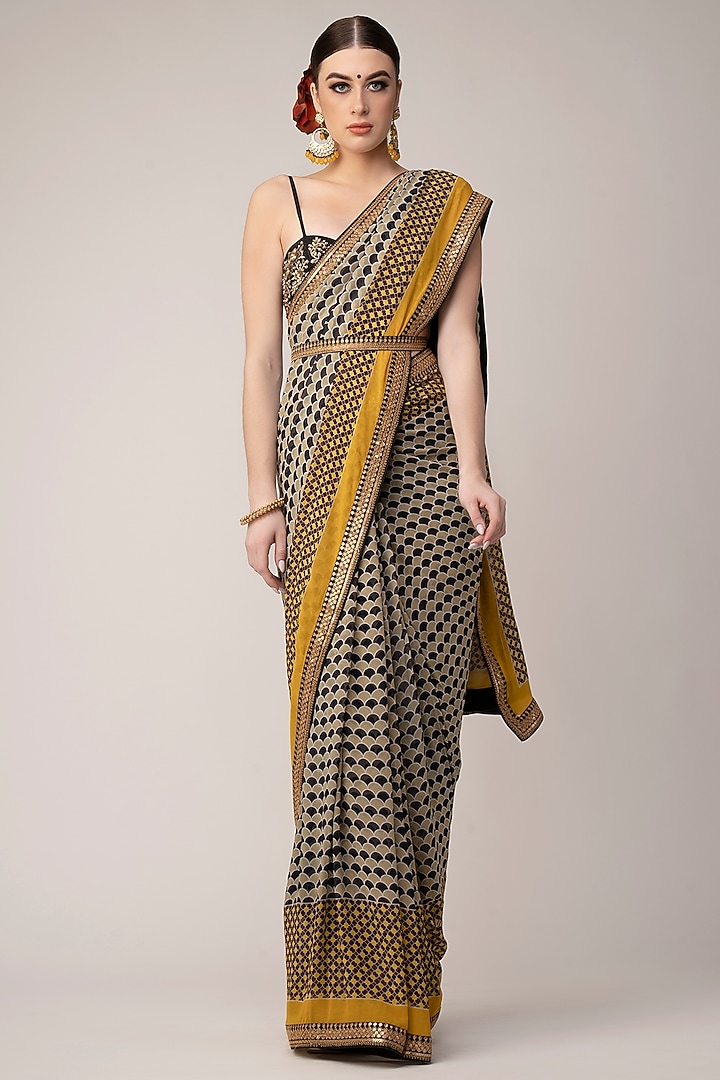 Black Georgette Ajrakh Printed Wedding Saree Set by Joy Mitra at Pernia's Pop Up Shop