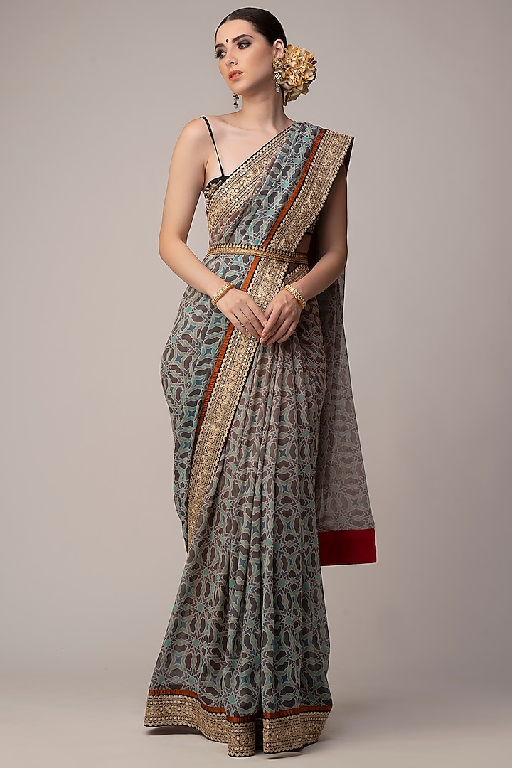 Blue Ombre Embroidered & Printed Saree Set by Joy Mitra