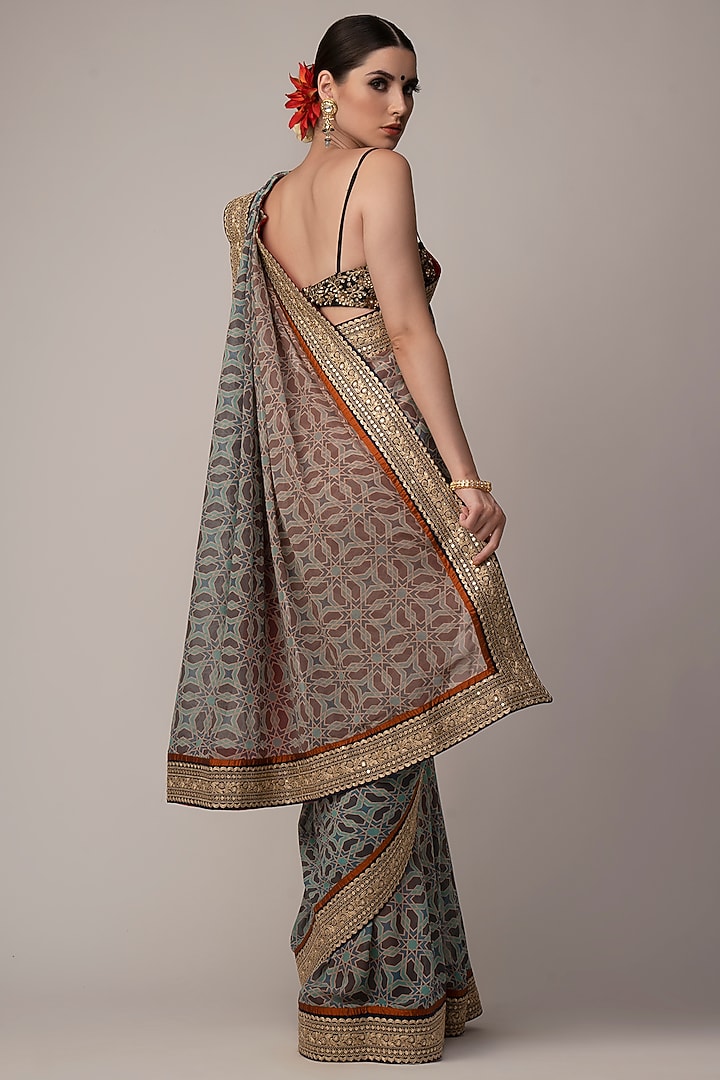 Blue Ombre Embroidered & Printed Wedding Saree Set by Joy Mitra at Pernia's Pop Up Shop
