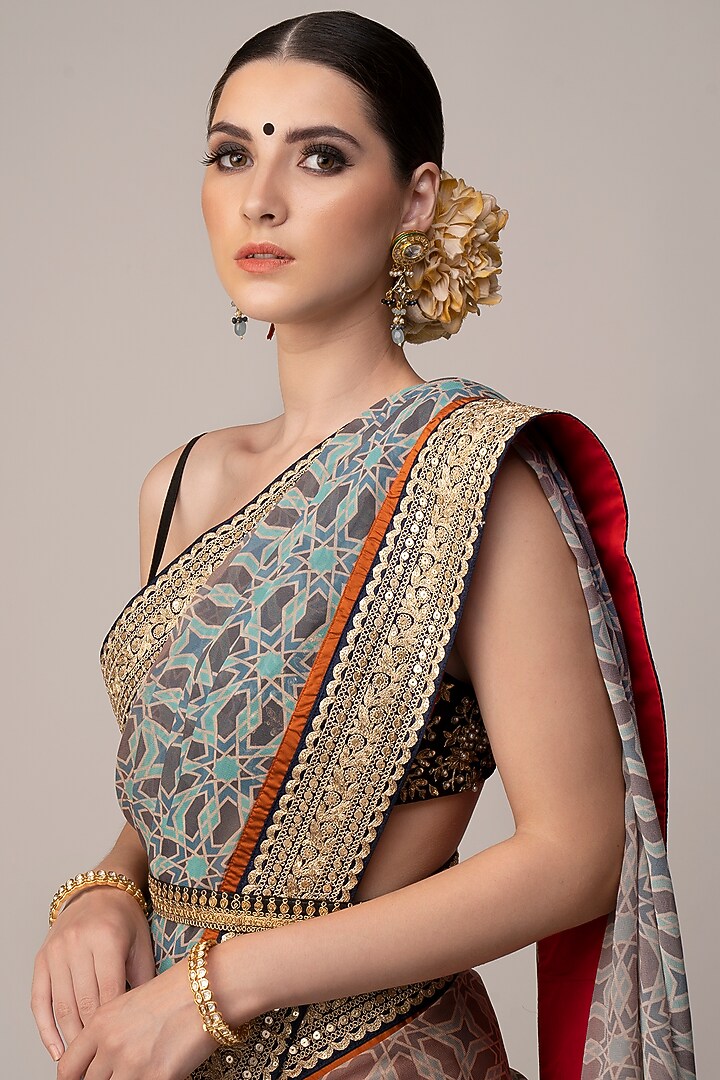 Blue Ombre Embroidered & Printed Wedding Saree Set by Joy Mitra at Pernia's Pop Up Shop