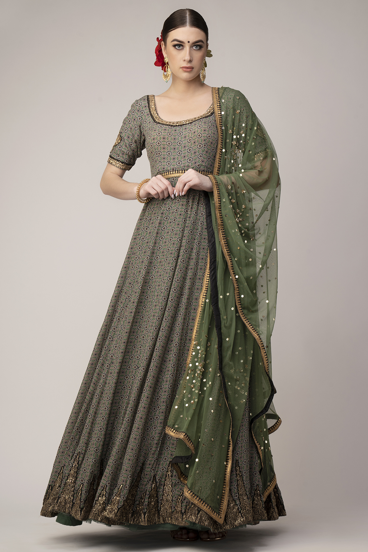 Green Printed Anarkali With Dupatta by Joy Mitra