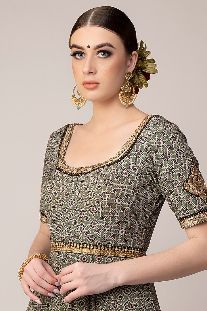Green Printed Wedding Anarkali With Dupatta by Joy Mitra at Pernia's Pop Up Shop