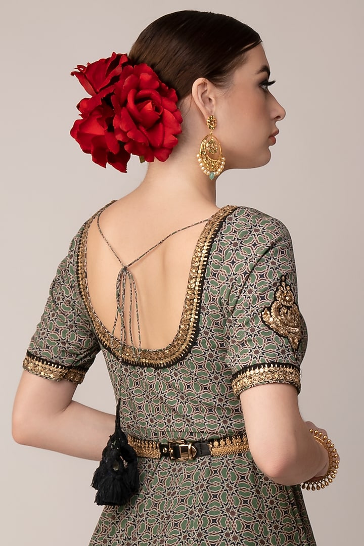 Green Printed Wedding Anarkali With Dupatta by Joy Mitra at Pernia's Pop Up Shop