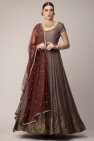 Dark Wine Printed Anarkali With Dupatta. by Joy Mitra