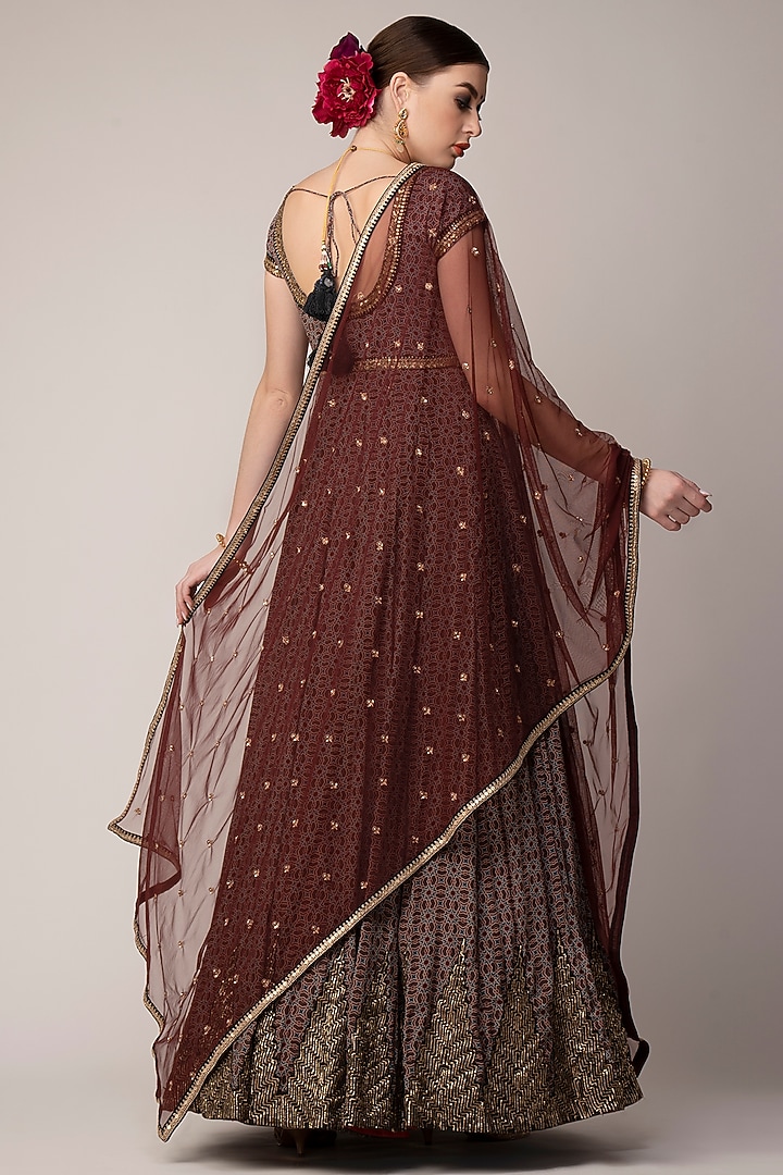 Dark Wine Printed Wedding Anarkali With Dupatta. by Joy Mitra at Pernia's Pop Up Shop