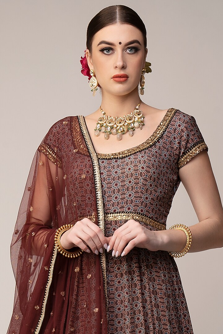 Dark Wine Printed Wedding Anarkali With Dupatta. by Joy Mitra at Pernia's Pop Up Shop