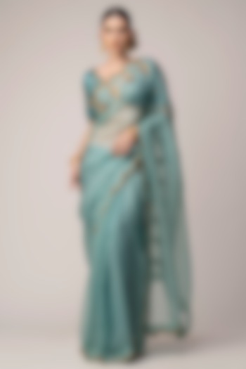 Mint Blue Embroidered Saree Set by Joy Mitra