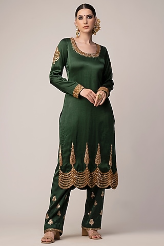 Bottle Green Embroidered Kurta Set by Joy Mitra