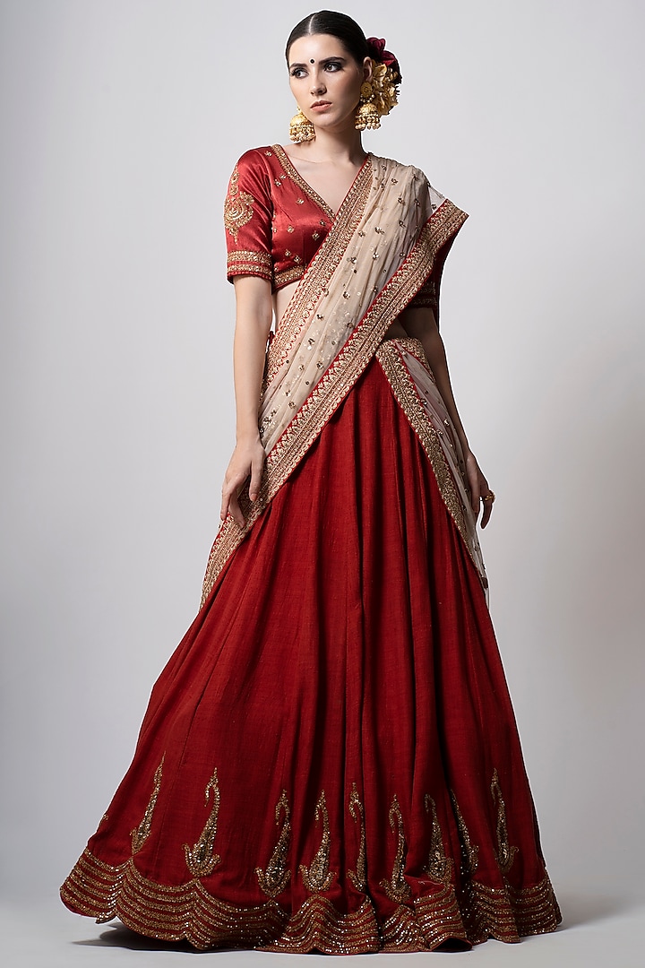Red Embroidered Lehenga Set Design by Joy Mitra at Pernia's Pop Up Shop ...