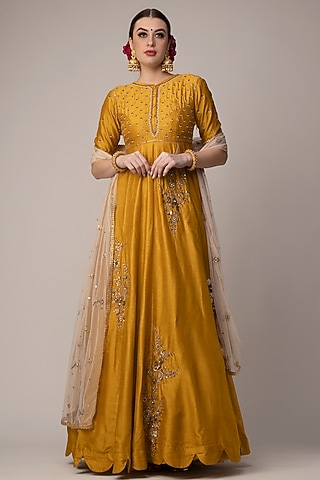 Mustard Embroidered Anarkali Set by Joy Mitra