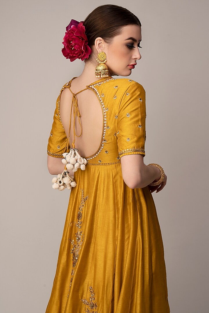 Mustard Embroidered Wedding Anarkali Set by Joy Mitra at Pernia's Pop Up Shop
