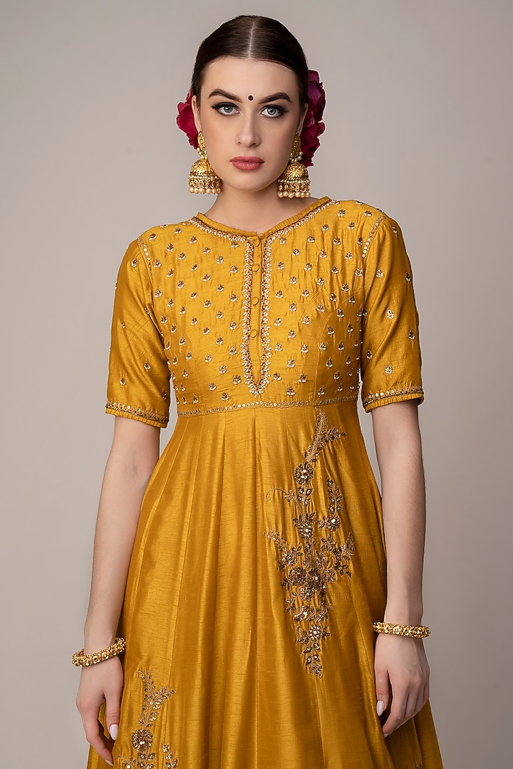 Mustard Embroidered Wedding Anarkali Set by Joy Mitra at Pernia's Pop Up Shop