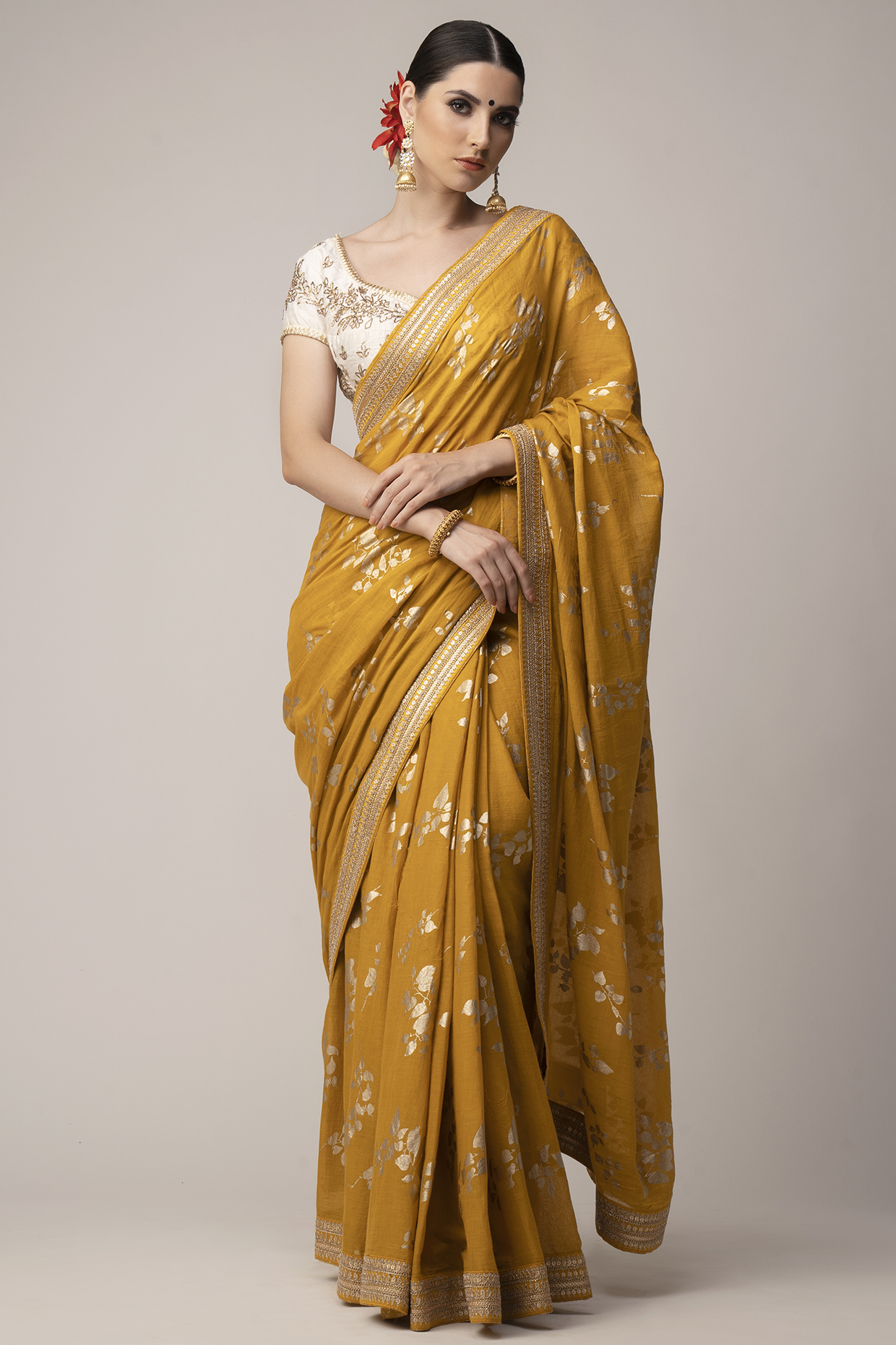 Mustard Printed & Embroidered Saree Set by Joy Mitra