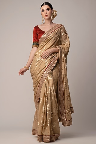 Beige Embroidered Saree Set by Joy Mitra