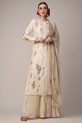 Cream Chanderi Long Kurta Set by Joy Mitra
