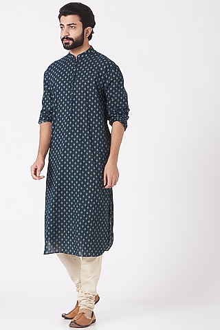 Opal Blue Printed Kurta Set by Joy Mitra Men