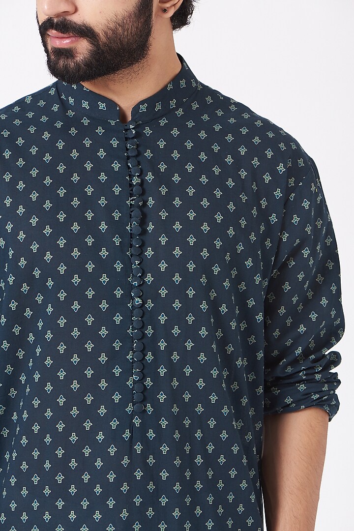 Opal Blue Printed Kurta Set by Joy Mitra Men at Pernia's Pop Up Shop