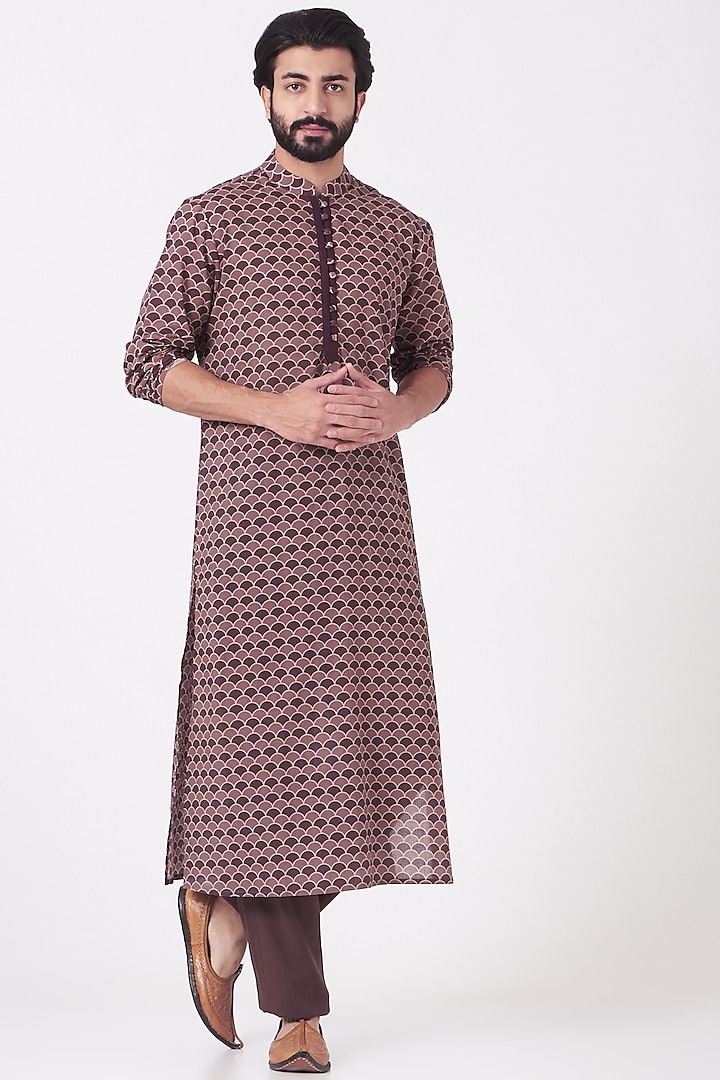 Dull Wine Printed Kurta Set by Joy Mitra Men