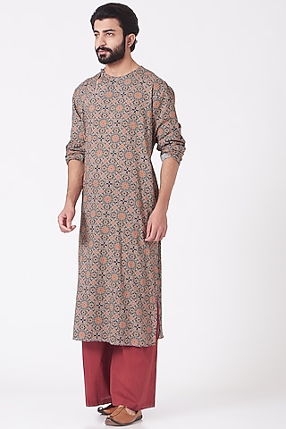 Blue & Beige Ajrakh Printed Kurta Set by Joy Mitra Men