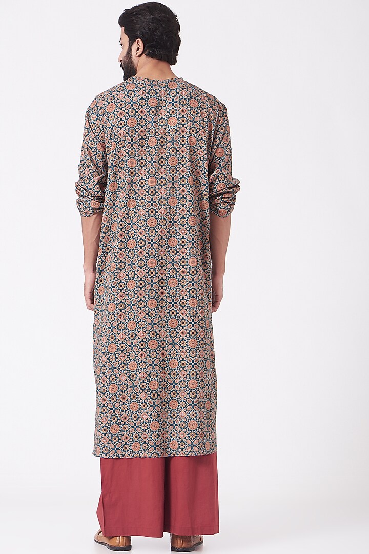 Blue & Beige Ajrakh Printed Kurta Set by Joy Mitra Men at Pernia's Pop Up Shop