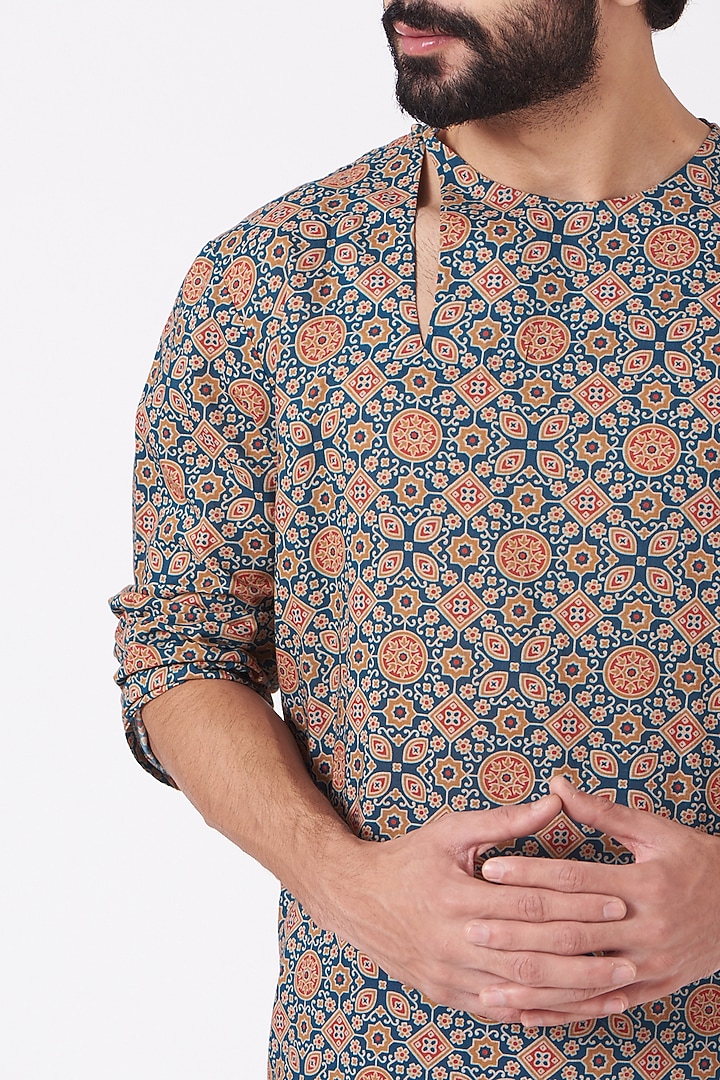 Blue & Beige Ajrakh Printed Kurta Set by Joy Mitra Men at Pernia's Pop Up Shop