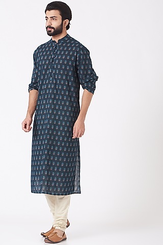 Dark Blue Ajrakh Printed Kurta Set by Joy Mitra Men