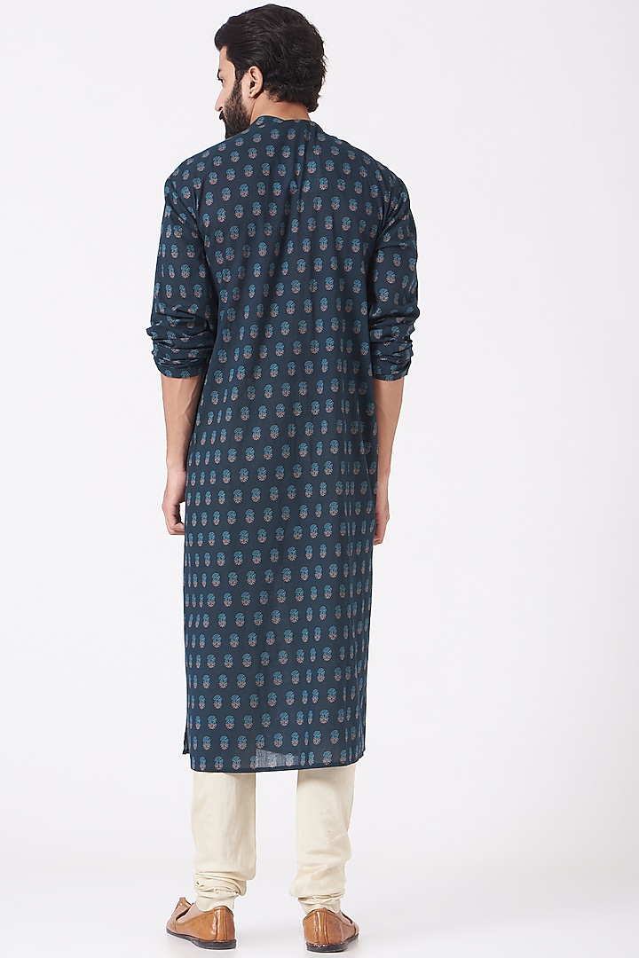 Dark Blue Ajrakh Printed Kurta Set by Joy Mitra Men at Pernia's Pop Up Shop