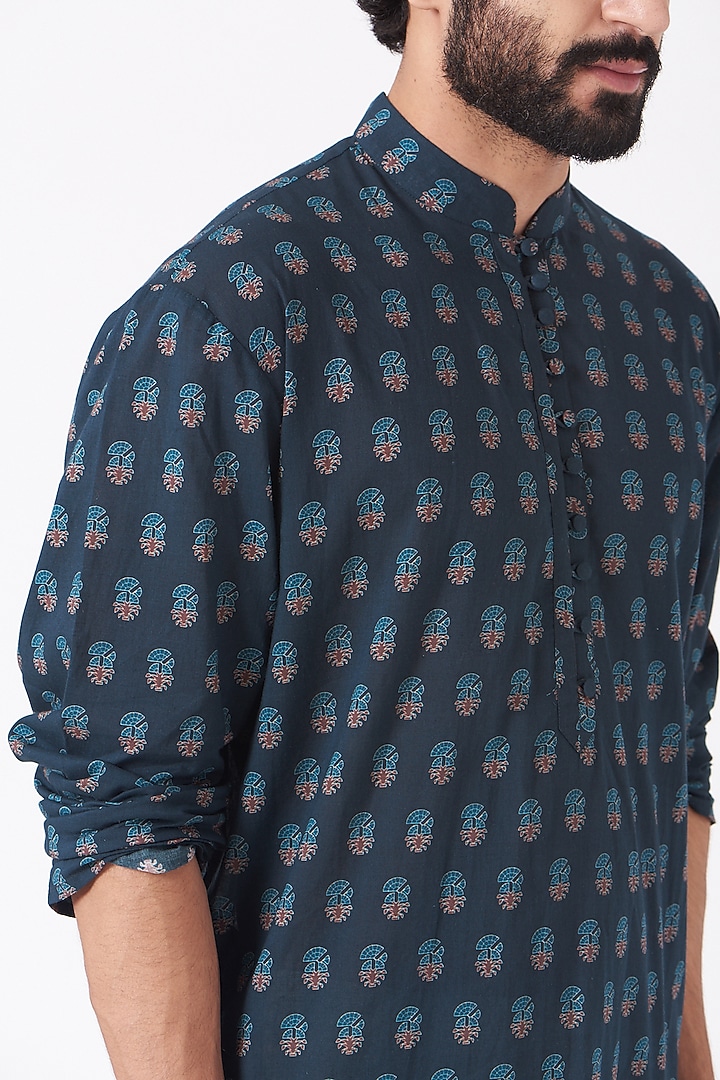 Dark Blue Ajrakh Printed Kurta Set by Joy Mitra Men at Pernia's Pop Up Shop
