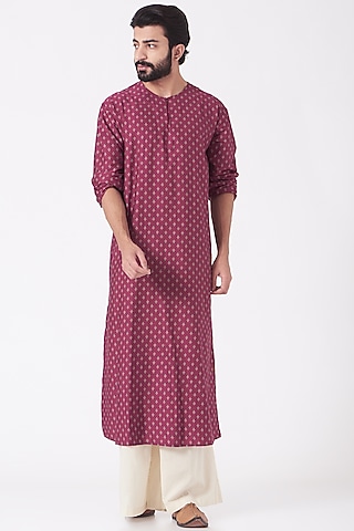 Dark Pink Ajrakh Printed Kurta Set by Joy Mitra Men