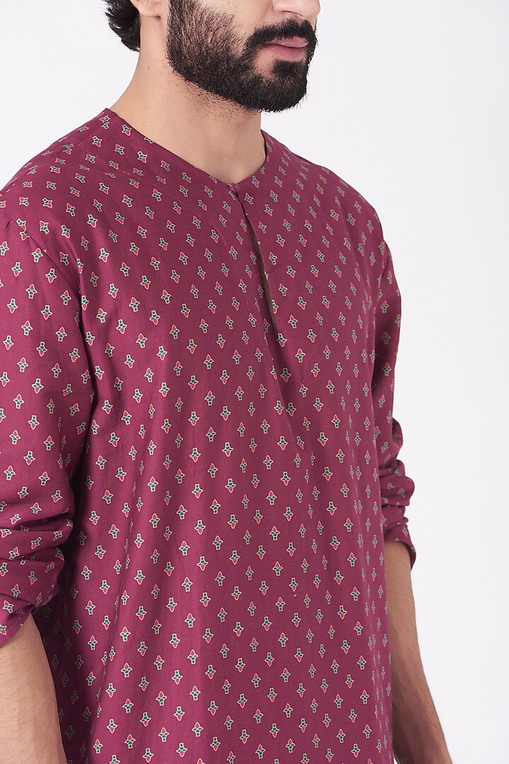 Dark Pink Ajrakh Printed Kurta Set by Joy Mitra Men at Pernia's Pop Up Shop