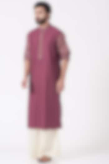 Dark Pink Printed Kurta Set by Joy Mitra Men