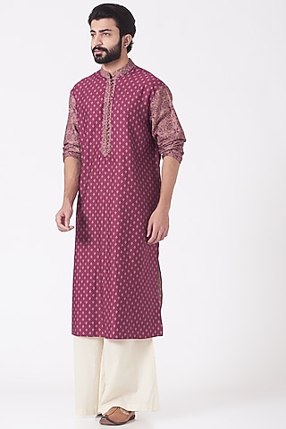 Dark Pink Printed Kurta Set by Joy Mitra Men
