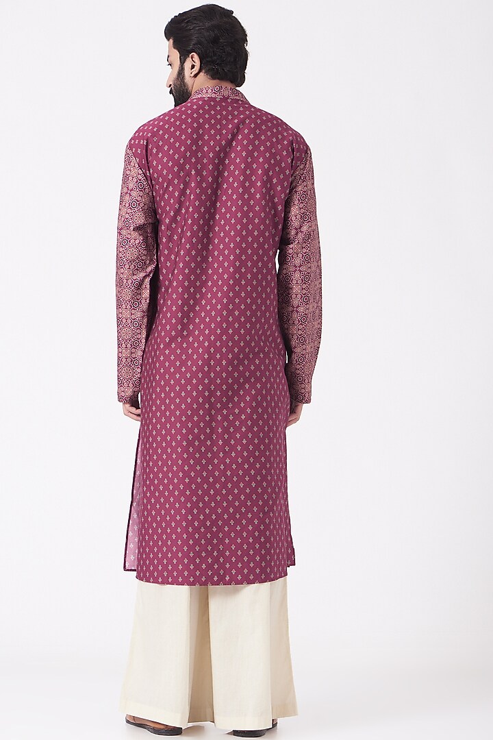 Dark Pink Printed Kurta Set by Joy Mitra Men at Pernia's Pop Up Shop