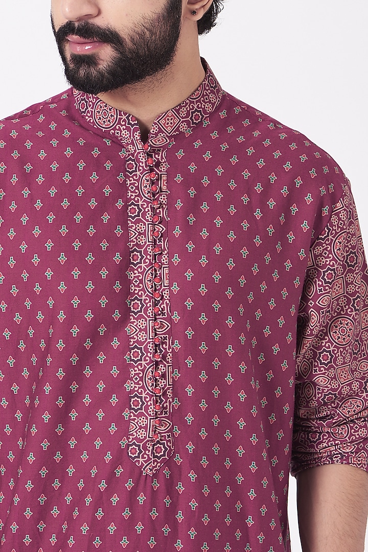 Dark Pink Printed Kurta Set by Joy Mitra Men at Pernia's Pop Up Shop