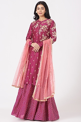 Dark Pink Embroidered Kurta Set by Joy Mitra