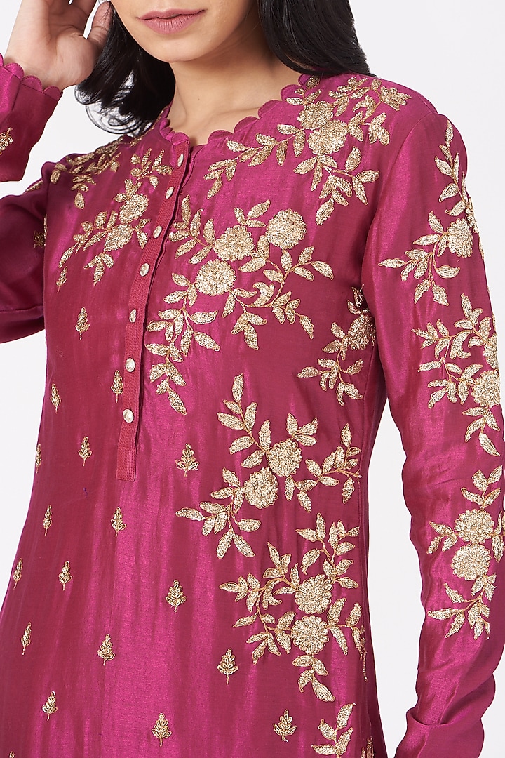 Dark Pink Embroidered Kurta Set by Joy Mitra at Pernia's Pop Up Shop