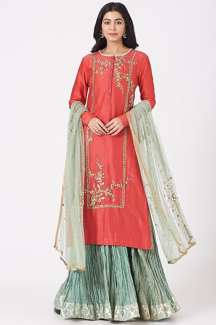 Carrot Red Embroidered Kurta Set by Joy Mitra