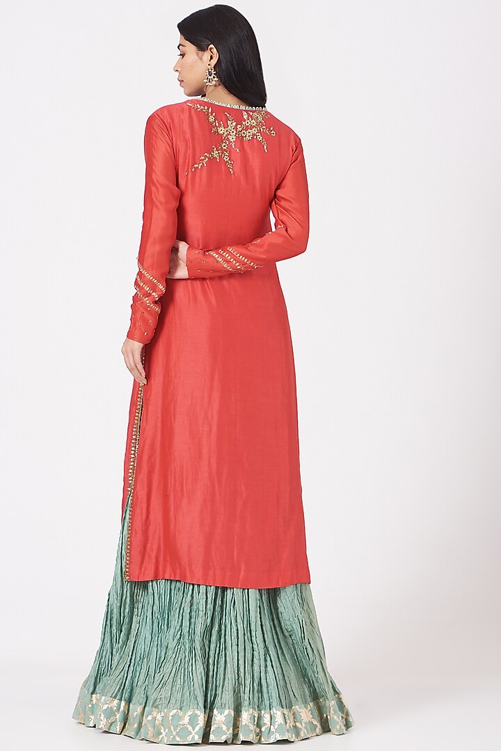 Carrot Red Embroidered Kurta Set by Joy Mitra at Pernia's Pop Up Shop