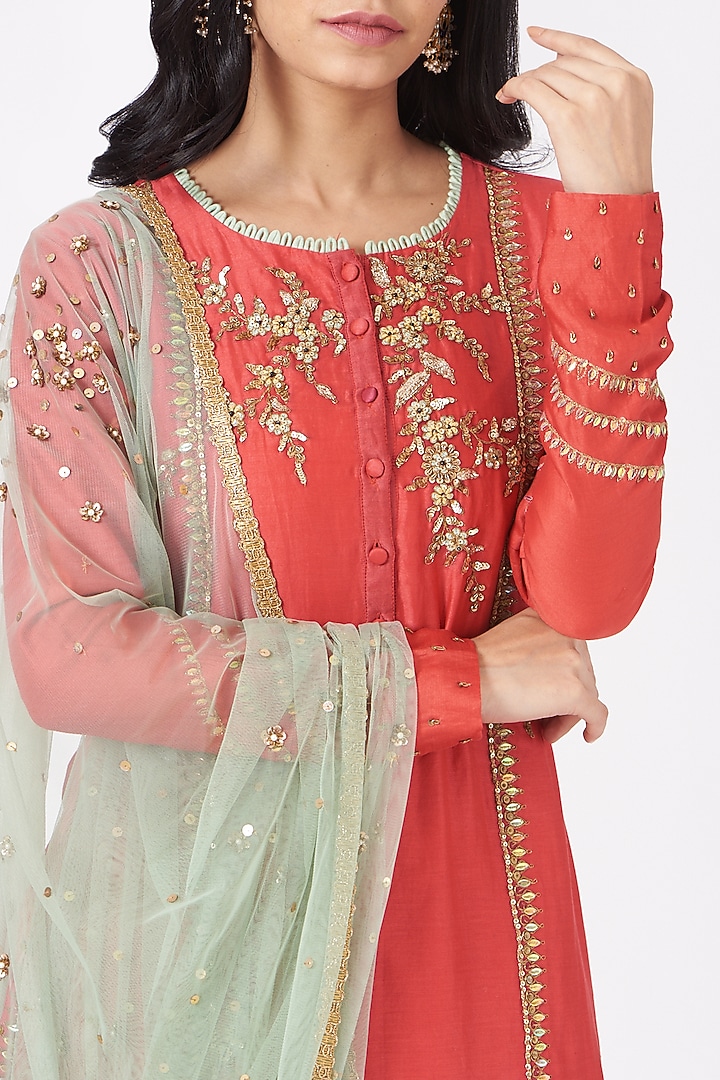 Carrot Red Embroidered Kurta Set by Joy Mitra at Pernia's Pop Up Shop