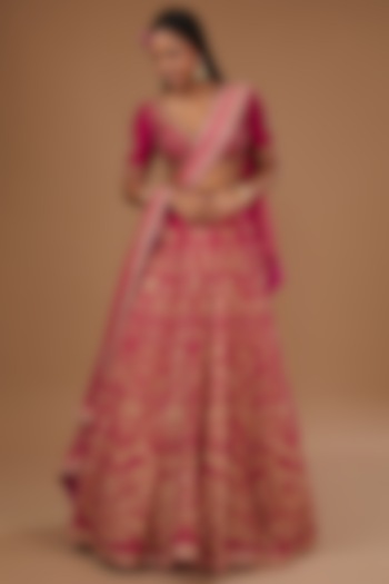 Rani Pink Georgette Printed & Embroidered Wedding Lehenga Set by Joy Mitra at Pernia's Pop Up Shop