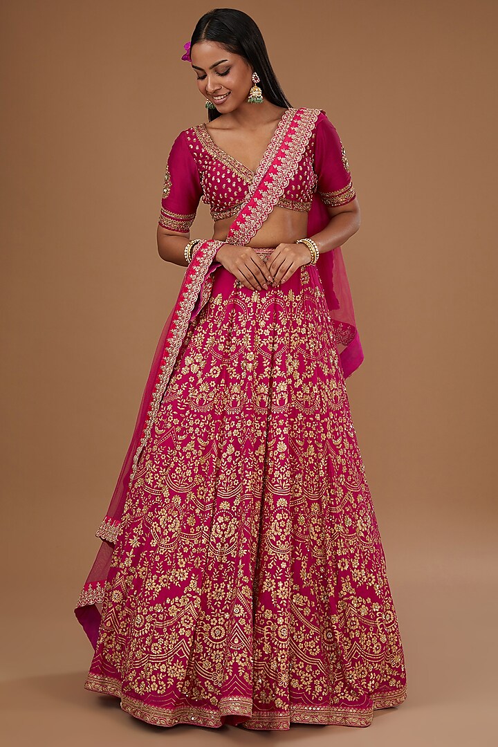 Rani Pink Georgette Printed & Embroidered Wedding Lehenga Set by Joy Mitra at Pernia's Pop Up Shop