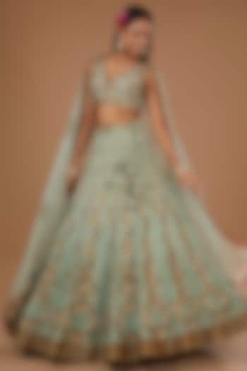 Mint Green Silk Embroidered Bridal Lehenga Set by Joy Mitra at Pernia's Pop Up Shop