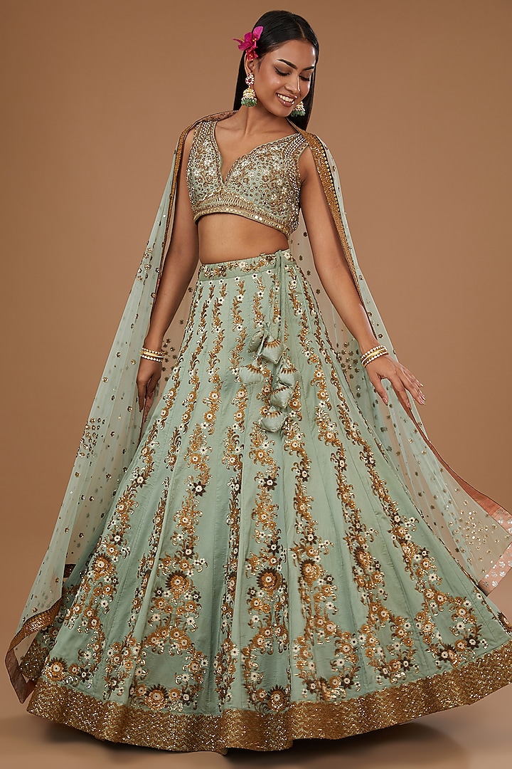 Mint Green Silk Embroidered Bridal Lehenga Set by Joy Mitra at Pernia's Pop Up Shop